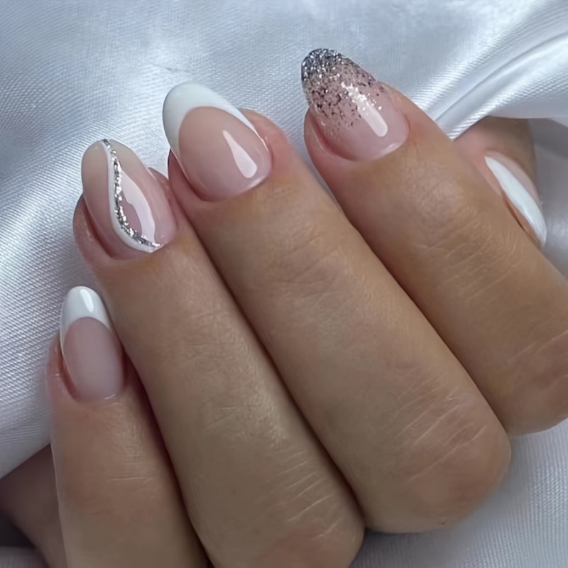 24pcs\u002Fbox Simple French Short Almond Fake Nails Glitter Stripe And Sequins With Design Glamorous Elegant Versatile Press On Nails