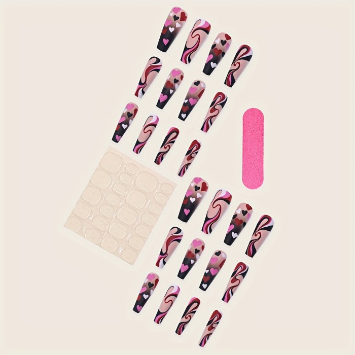 Lirches 24PCS Press On Nails Valentine's Day Sweet Heart Design Fake Nails Colorful Sweet Silk With Design Long Ballet False Nails Black Smudged Acrylic Nails, Jelly Glue And Nail File Included