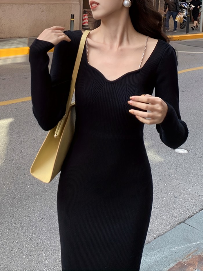 Solid Color Ribbed Slim Dress, Y2K Bag Hip Long Sleeve Knitting Dress For Fall & Winter, Women's Clothing
