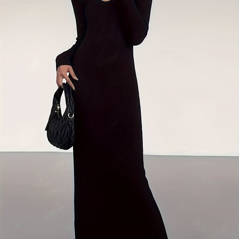 Solid V Neck Knitted Dress, Elegant Long Sleeve Slim Midi Dress, Women's Clothing
