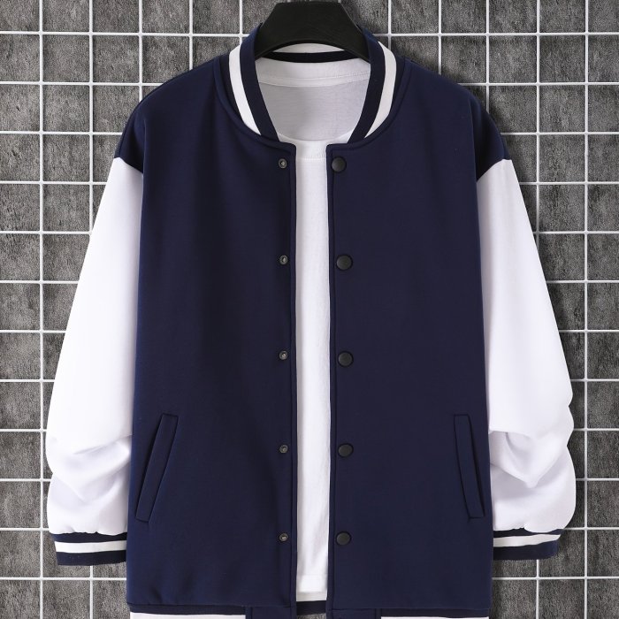 Trendy Varsity Jacket, Men's Casual Color Block Button Up Jacket For Spring Fall School Baseball