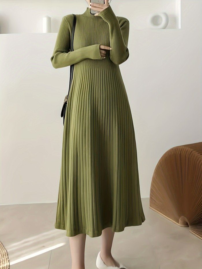 Solid A-line Mock Neck Dress, Casual Long Sleeve Knit Dress For Spring & Fall, Women's Clothing