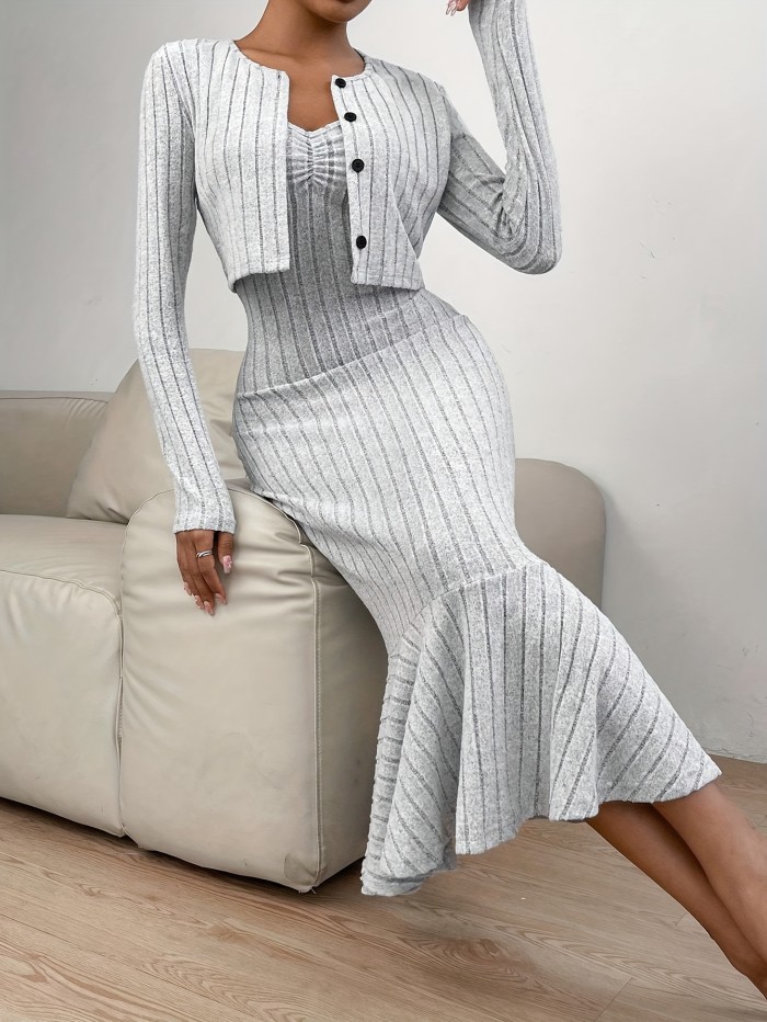 Elegant Solid Slim Two-piece Dress Set, Long Sleeve Button Front Top & Ruffle Hem Ribbed Knitting Dress Outfits, Women's Clothing