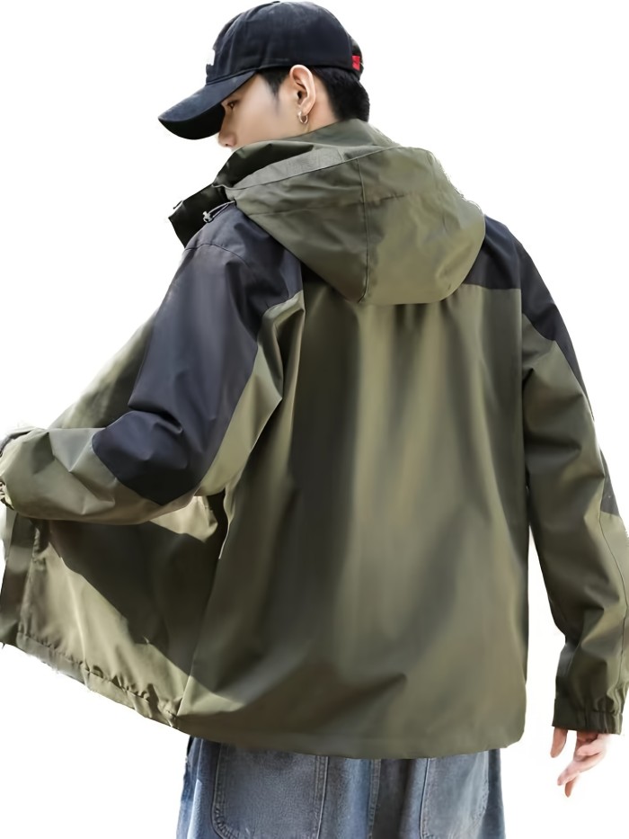 Men's Color Block Hoodie Casual Lightweight Waterproof Windbreaker Jacket Coat Regular Fit Coat For Spring Autumn Outdoors Hiking