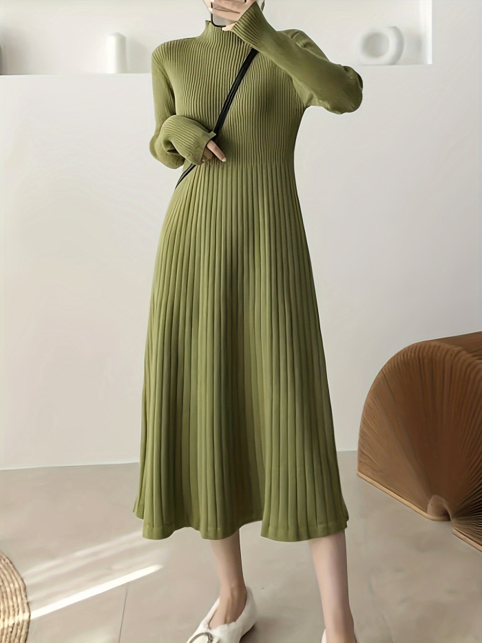 Solid A-line Mock Neck Dress, Casual Long Sleeve Knit Dress For Spring & Fall, Women's Clothing