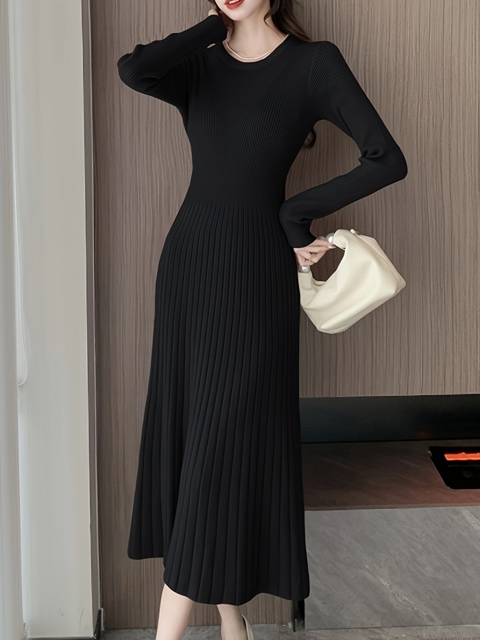 Solid Knitted Pleated Hem Dress, Elegant Long Sleeve Crew Neck Dress, Women's Clothing