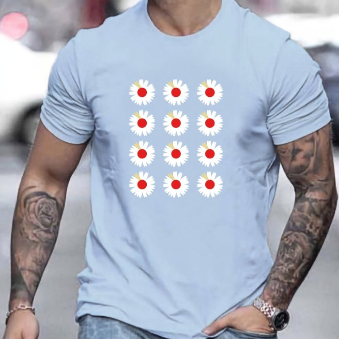 Daisy Pattern Print Casual Crew Neck Short Sleeve T-shirt For Men, Quick-drying Comfy Casual Summer Tops For Daily Wear Work Out And Vacation Resorts