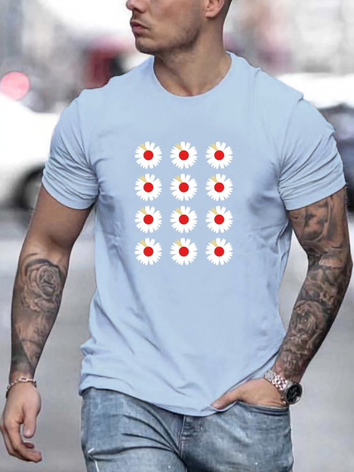 Daisy Pattern Print Casual Crew Neck Short Sleeve T-shirt For Men, Quick-drying Comfy Casual Summer Tops For Daily Wear Work Out And Vacation Resorts