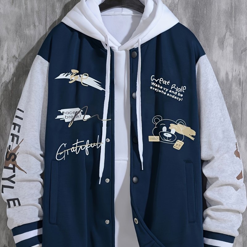 Letter Print Varsity Jacket, Men's Casual Baseball Jacket Coat Regular Fit College Hipster Windbreaker For Spring Autumn