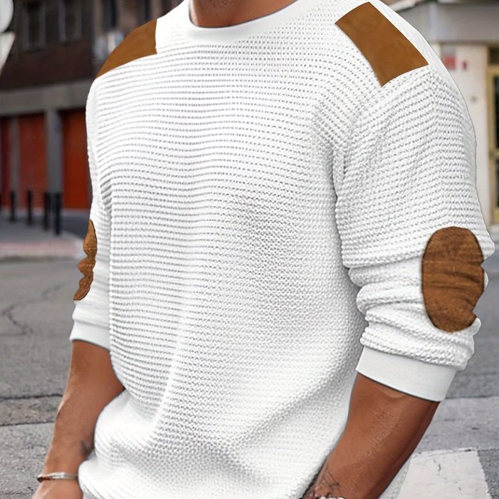 Casual Color Block Men's Long Sleeve Knitted Round Neck T-shirt With Elbow Design, Spring Fall Outdoor