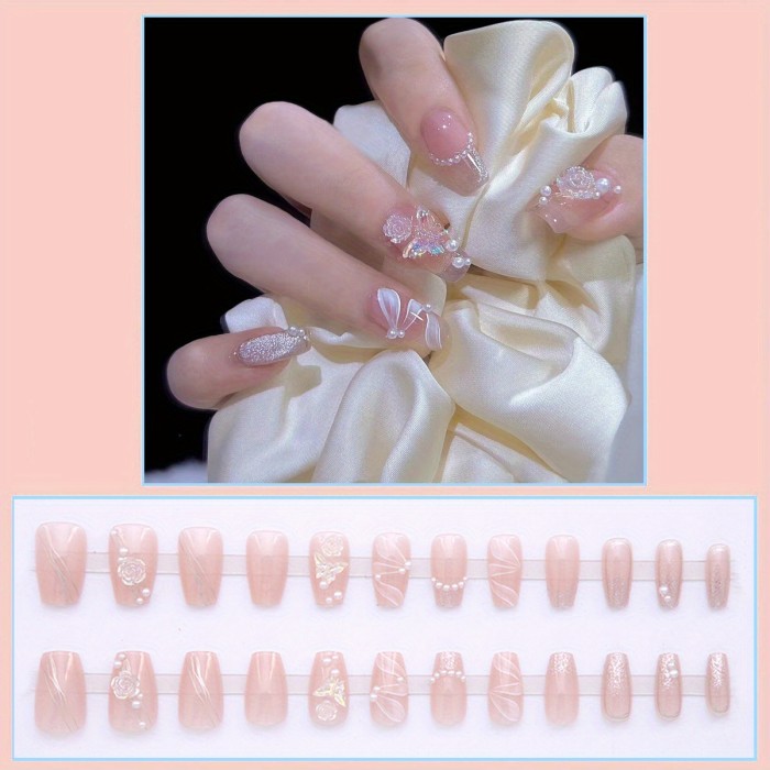 24pcs Glossy Pinkish Square Fake Nails - Medium Long Press On Nails With 3D Camellia Butterfly Design - Elegant Pearl False Nails For Women Girls