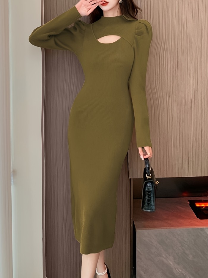 Solid Cut Out Knitted Bodycon Dress, Elegant Puff Long Sleeve Dress, Women's Clothing