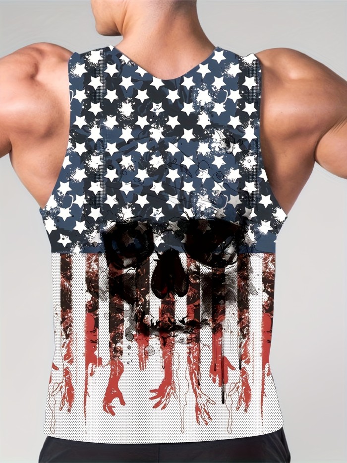Creative Skull Print Comfy Breathable Tank Top, Men's Casual Stretch Sleeveless T-shirt For Summer Gym Workout Training Basketball