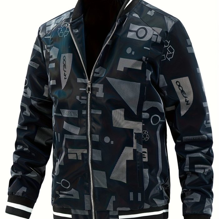 Men's Casual Printed Zip Up Bomber Jacket, Chic Street Style Baseball Collar Windbreaker Jacket