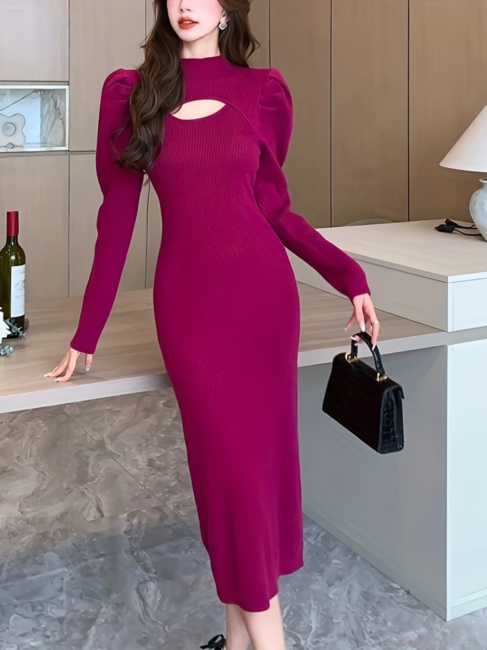 Solid Cut Out Knitted Bodycon Dress, Elegant Puff Long Sleeve Dress, Women's Clothing