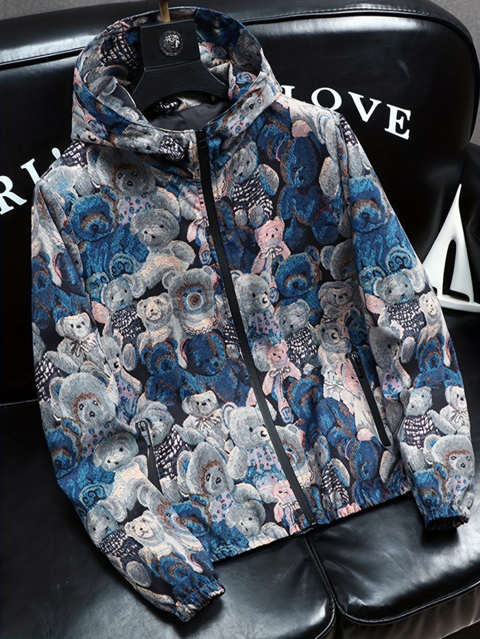 Cute Bear All Over Print Retro Vintage Hooded Jacket, Men's Casual Zip Up Jacket Coat College Hipster Windbreaker For Spring Fall