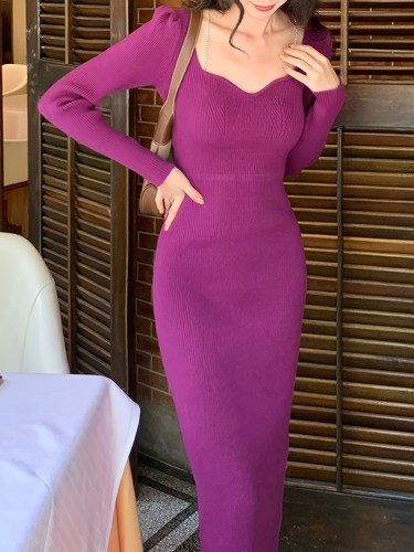 Solid Color Ribbed Slim Dress, Y2K Bag Hip Long Sleeve Knitting Dress For Fall & Winter, Women's Clothing