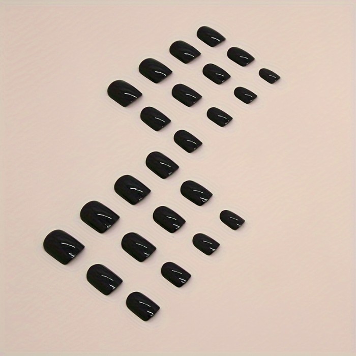 24pcs Black Solid Color Glossy Wearable Nail Art Short Square Fake Nails Detachable Finished False Nails Press On Nails For Women And Girls Nail Art Decoration