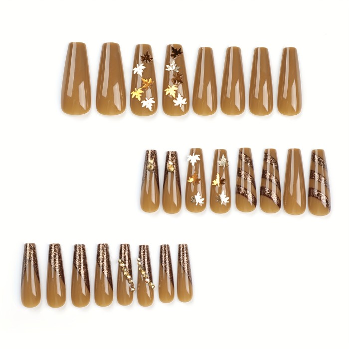 24pcs Dark Brown Press On Nails, Long Coffin Fake Nails With Golden Rhinestone, Maple Leaf Design, Sparkle False Nails For Women Girls Fall Winter Wear