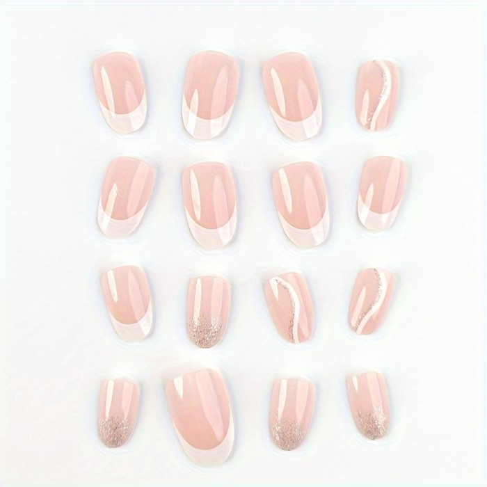 24pcs\u002Fbox Simple French Short Almond Fake Nails Glitter Stripe And Sequins With Design Glamorous Elegant Versatile Press On Nails