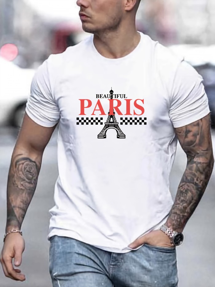 PARIS Eiffel Tower Pattern Print Casual Crew Neck Short Sleeve T-shirt For Men, Quick-drying Comfy Casual Summer Tops For Daily Wear Work Out And Vacation Resorts