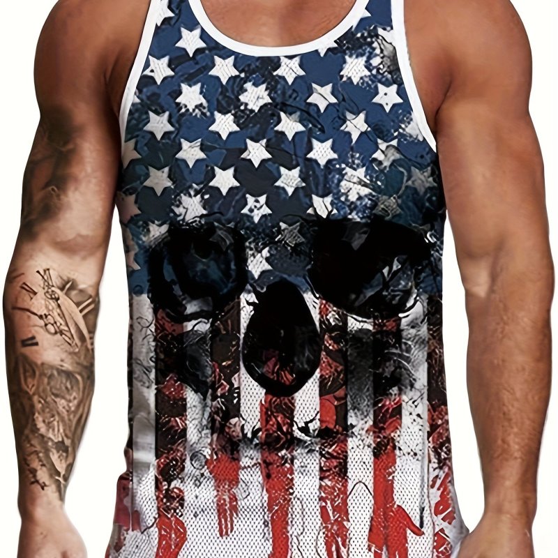 Creative Skull Print Comfy Breathable Tank Top, Men's Casual Stretch Sleeveless T-shirt For Summer Gym Workout Training Basketball