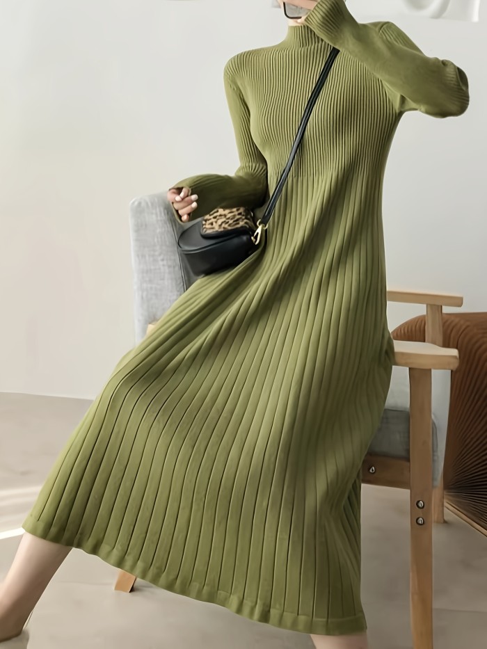 Solid A-line Mock Neck Dress, Casual Long Sleeve Knit Dress For Spring & Fall, Women's Clothing