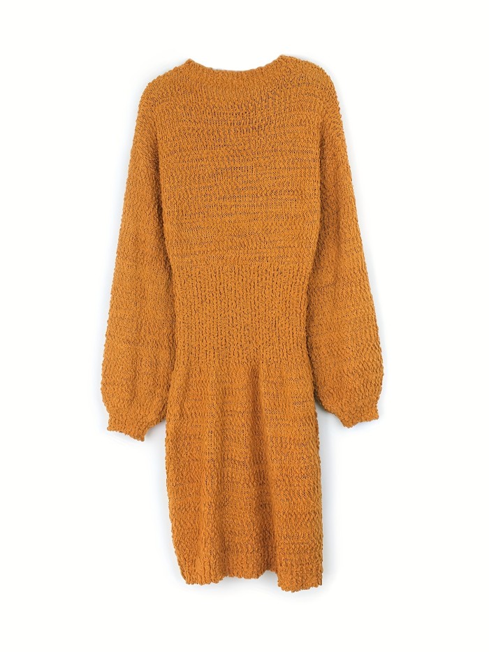 Solid Crew Neck Knitted Dress, Casual Long Sleeve Cinched Waist Dress, Women's Clothing