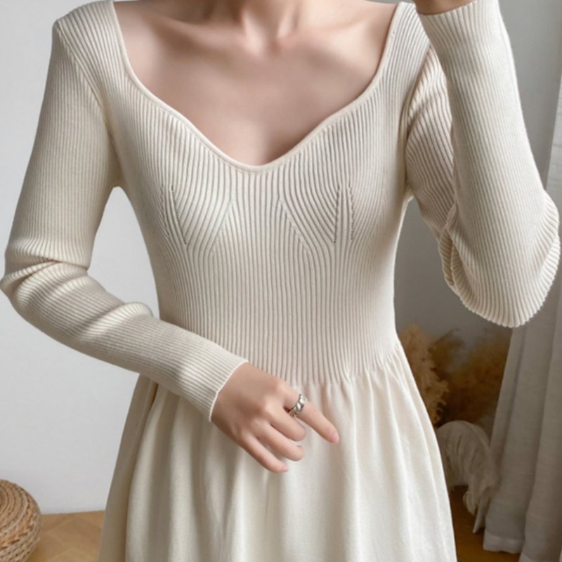 Solid V-neck Slim Knitted Dress, Elegant Long Sleeve Dress For Spring & Fall, Women's Clothing