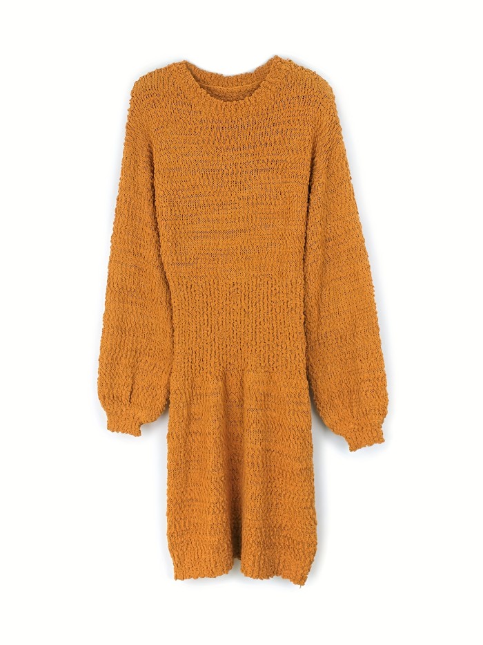 Solid Crew Neck Knitted Dress, Casual Long Sleeve Cinched Waist Dress, Women's Clothing