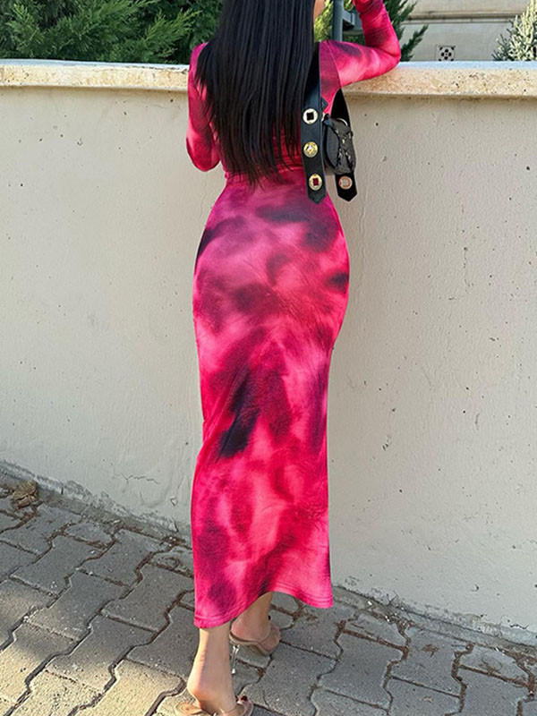 Bodycon Long Sleeves Split-Joint Tie-Dyed Round-Neck Maxi Dresses
