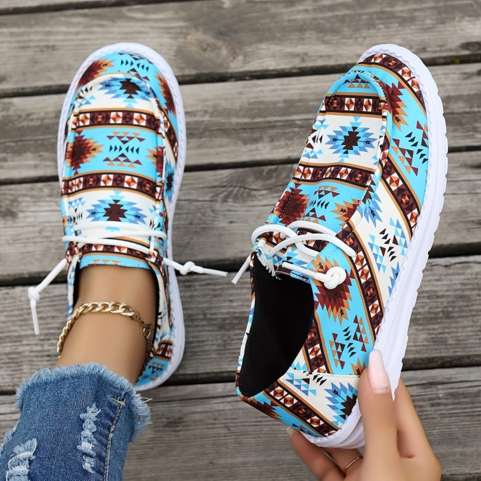 Women's Geometric Pattern Canvas Shoes, Casual Lace Up Outdoor Shoes, Lightweight Low Top Sneakers