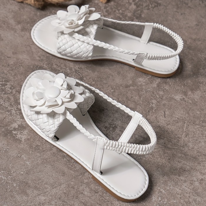 Women's Flower Decor Flat Sandals, Casual Open Toe Summer Shoes, Lightweight Braided Sandals
