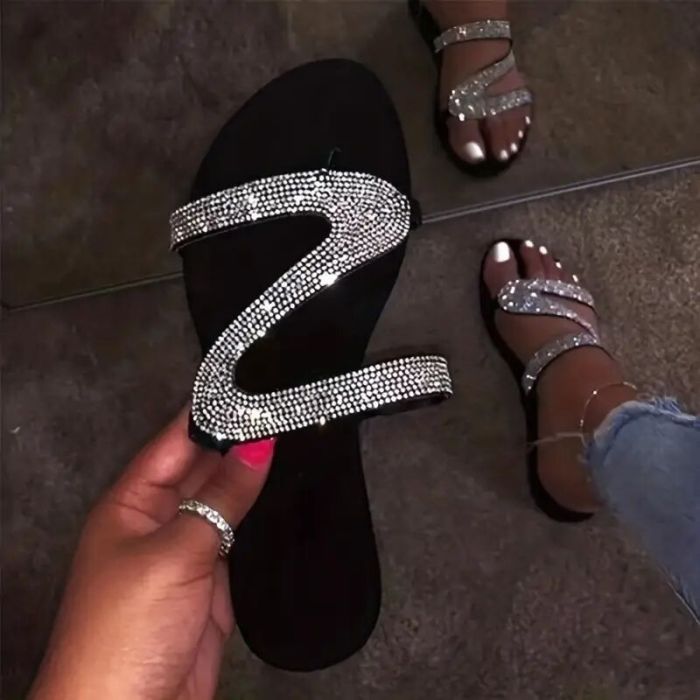 Women's Rhinestone Decor Slide Sandals, Trendy Loop Toe Flat Shoes, Fashion Beach Shoes