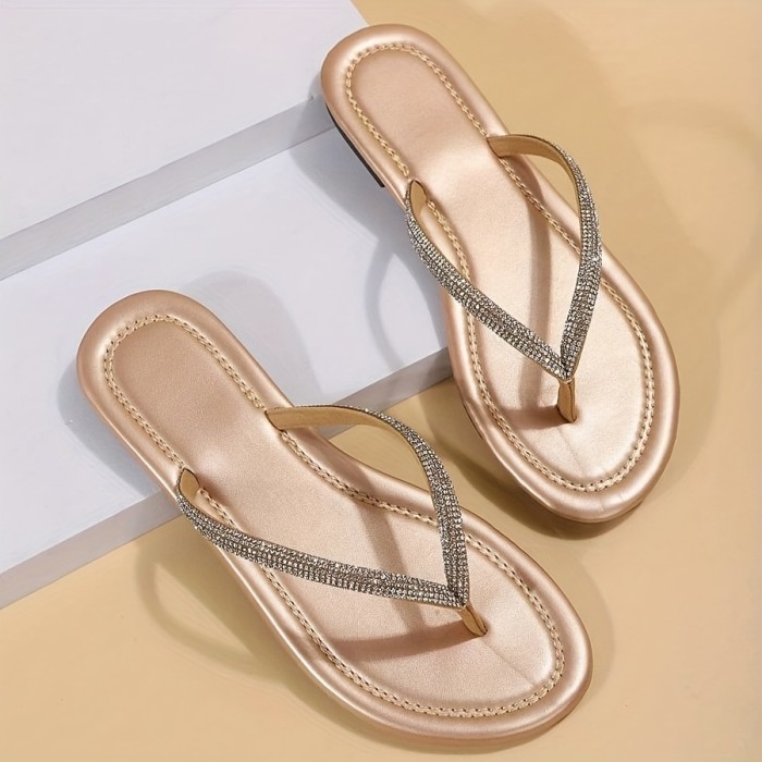 Women's Rhinestone Decor Flip Flops, Casual Clip Toe Flat Summer Shoes, Lightweight Beach Shoes