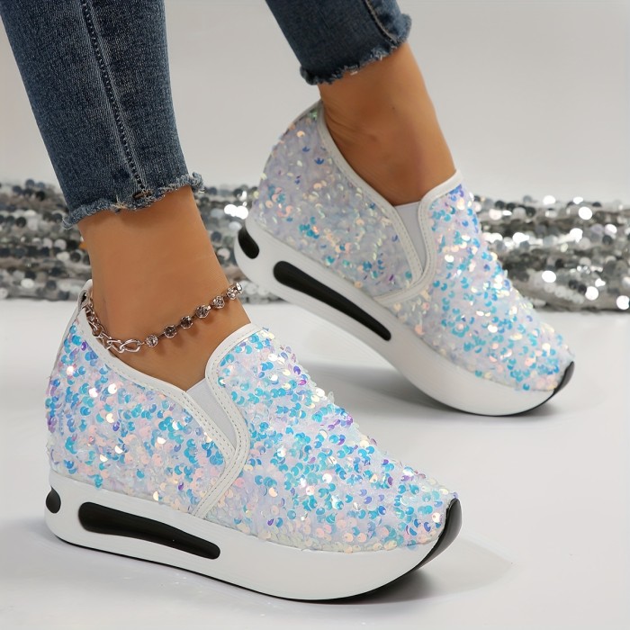 Women's Sequins Platform Sneakers, Casual Low Top Slip On Wedge Sports Shoes, Fashion Walking Trainers Carnaval