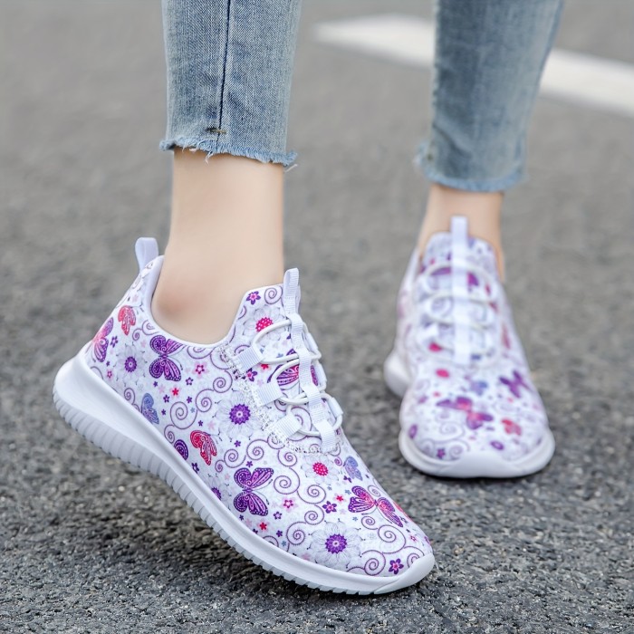 Women's Flower & Butterfly Pattern Sneakers, Casual Lace Up Outdoor Shoes, Comfortable Low Top Shoes