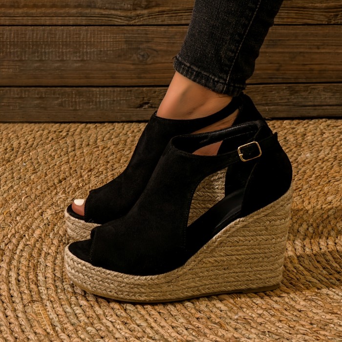 Women's Espadrille Wedge Sandals, Peep Toe Cut-out Buckle Strap High Heels, Fashion Platform Sandals