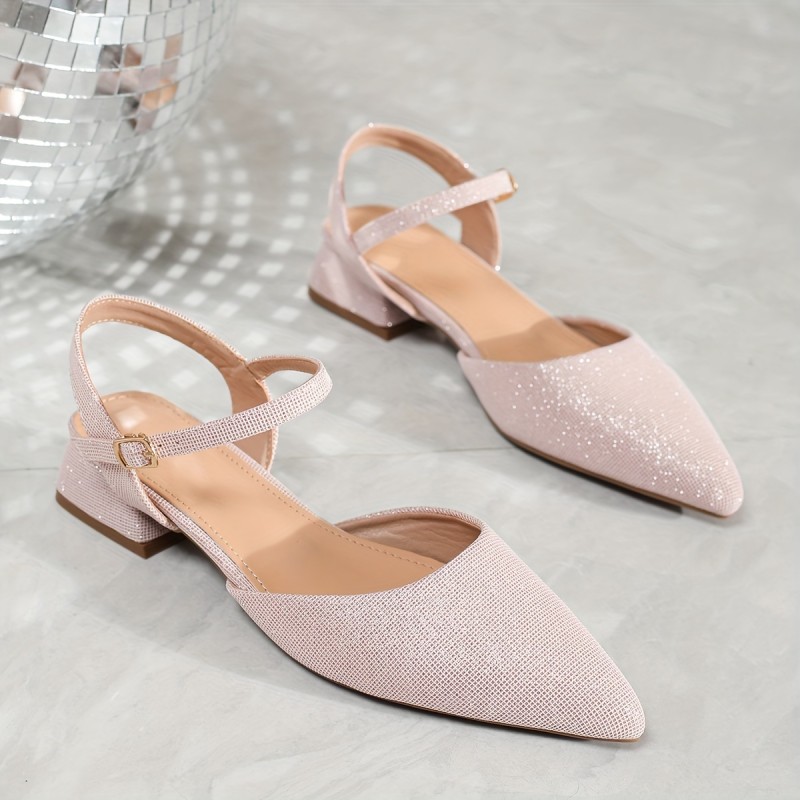 Women's Solid Color Chunky Low Heels, Elegant Point Toe Dress Pumps, Fashion Ankle Buckle Strap Heels
