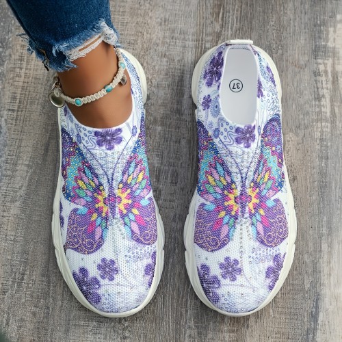 Women's Butterfly Print Casual Sneakers, Soft Sole Platform Slip On Rhinestone Decor Shoes, Low-top Breathable Walking Trainers