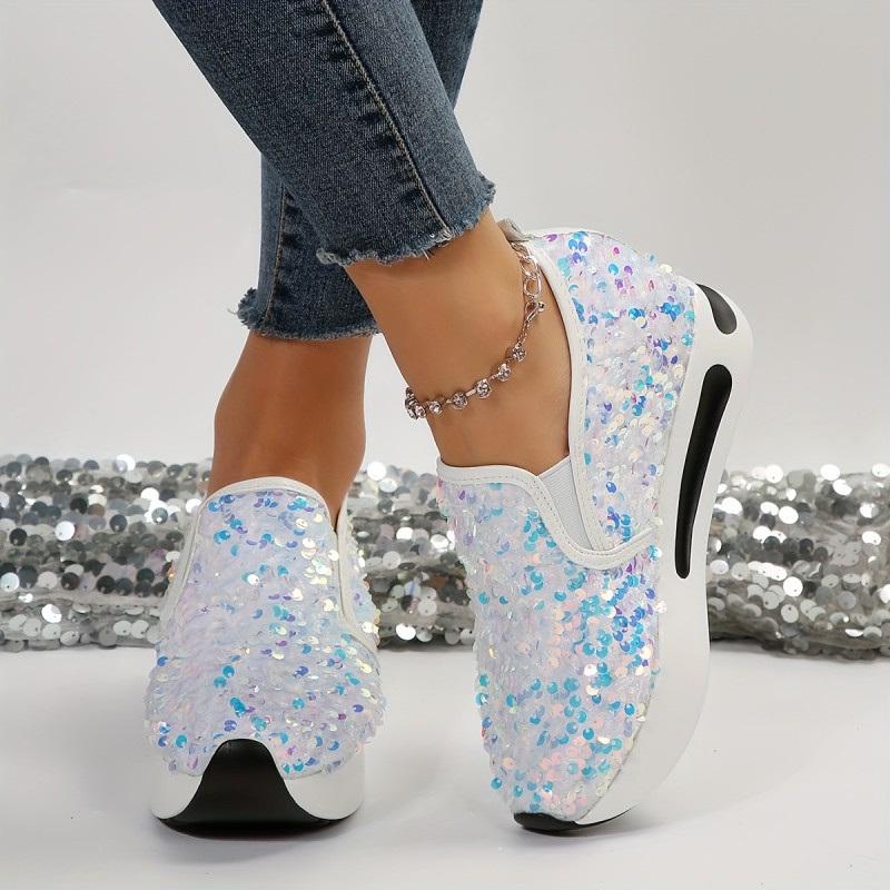 Women's Sequins Platform Sneakers, Casual Low Top Slip On Wedge Sports Shoes, Fashion Walking Trainers Carnaval