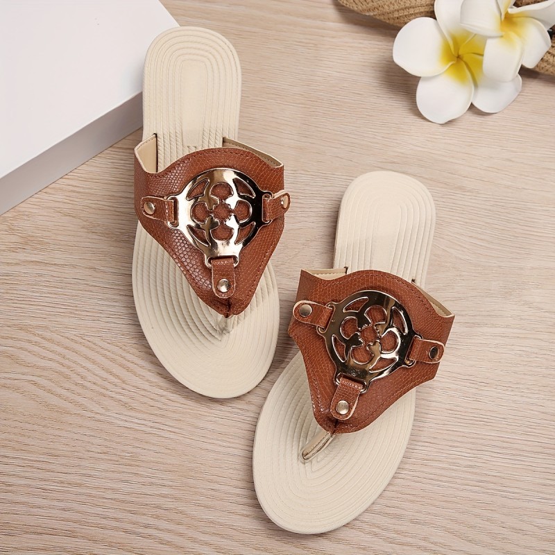 Women's Buckle Decor Flip Flops, Fashion Open Toe Flat Slide Shoes, Summer Beach Vacation Slides