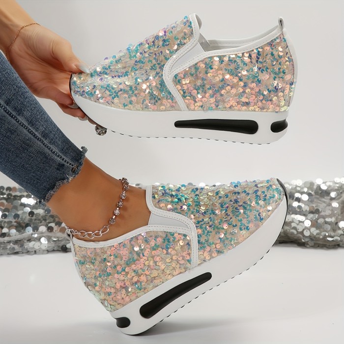 Women's Sequins Platform Sneakers, Casual Low Top Slip On Wedge Sports Shoes, Fashion Walking Trainers Carnaval