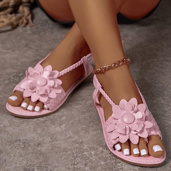Women's Flower Decor Flat Sandals, Casual Open Toe Summer Shoes, Lightweight Braided Sandals