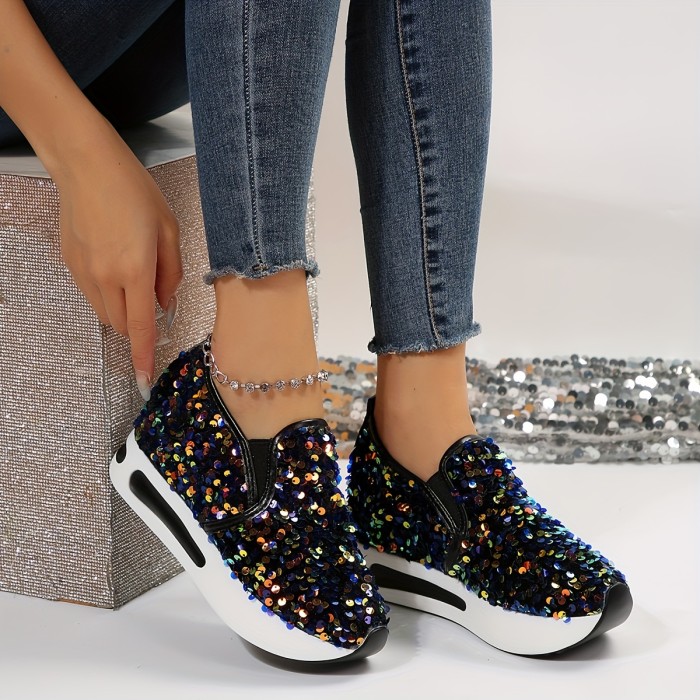 Women's Sequins Platform Sneakers, Casual Low Top Slip On Wedge Sports Shoes, Fashion Walking Trainers Carnaval