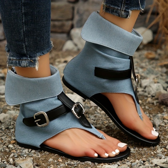 Women's Flat Thong Sandals, Casual Buckle Strap Summer Sandals, Lightweight Back Zipper Sandals