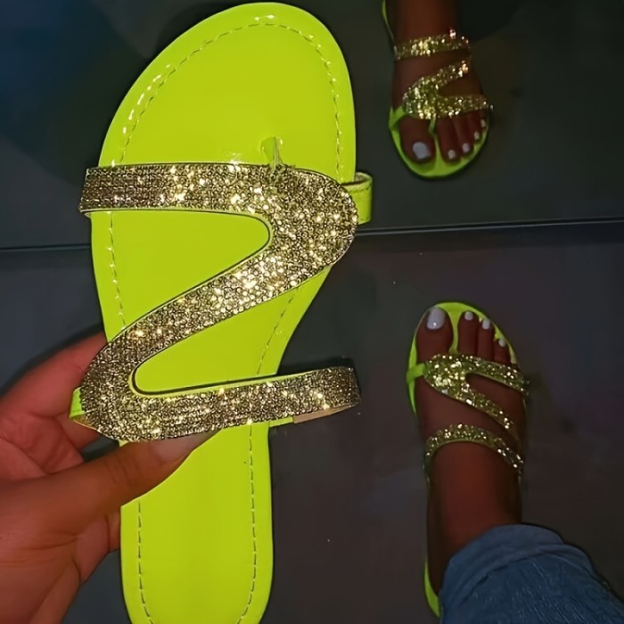 Women's Rhinestone Decor Slide Sandals, Trendy Loop Toe Flat Shoes, Fashion Beach Shoes