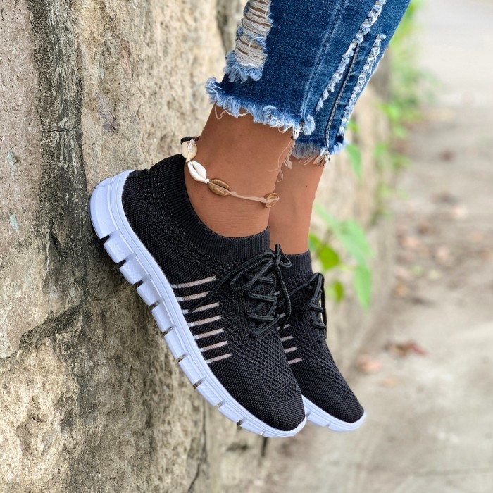 Women's Knit Lightweight Mesh Sneakers, Breathable Mesh Lace-Up Running Shoes, Women's Footwear