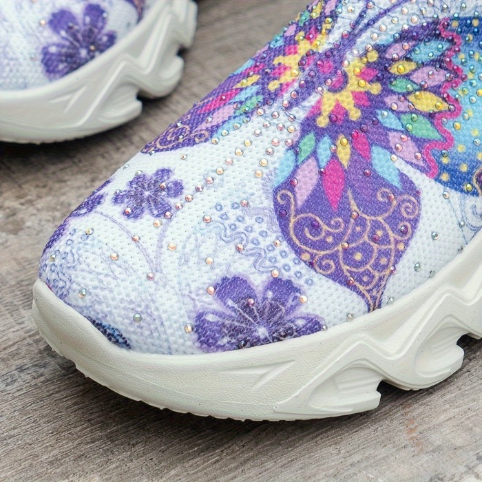 Women's Butterfly Print Casual Sneakers, Soft Sole Platform Slip On Rhinestone Decor Shoes, Low-top Breathable Walking Trainers