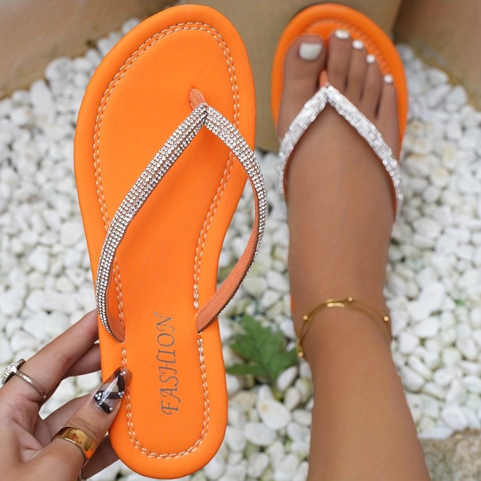 Women's Rhinestone Decor Flip Flops, Casual Clip Toe Flat Summer Shoes, Lightweight Beach Shoes